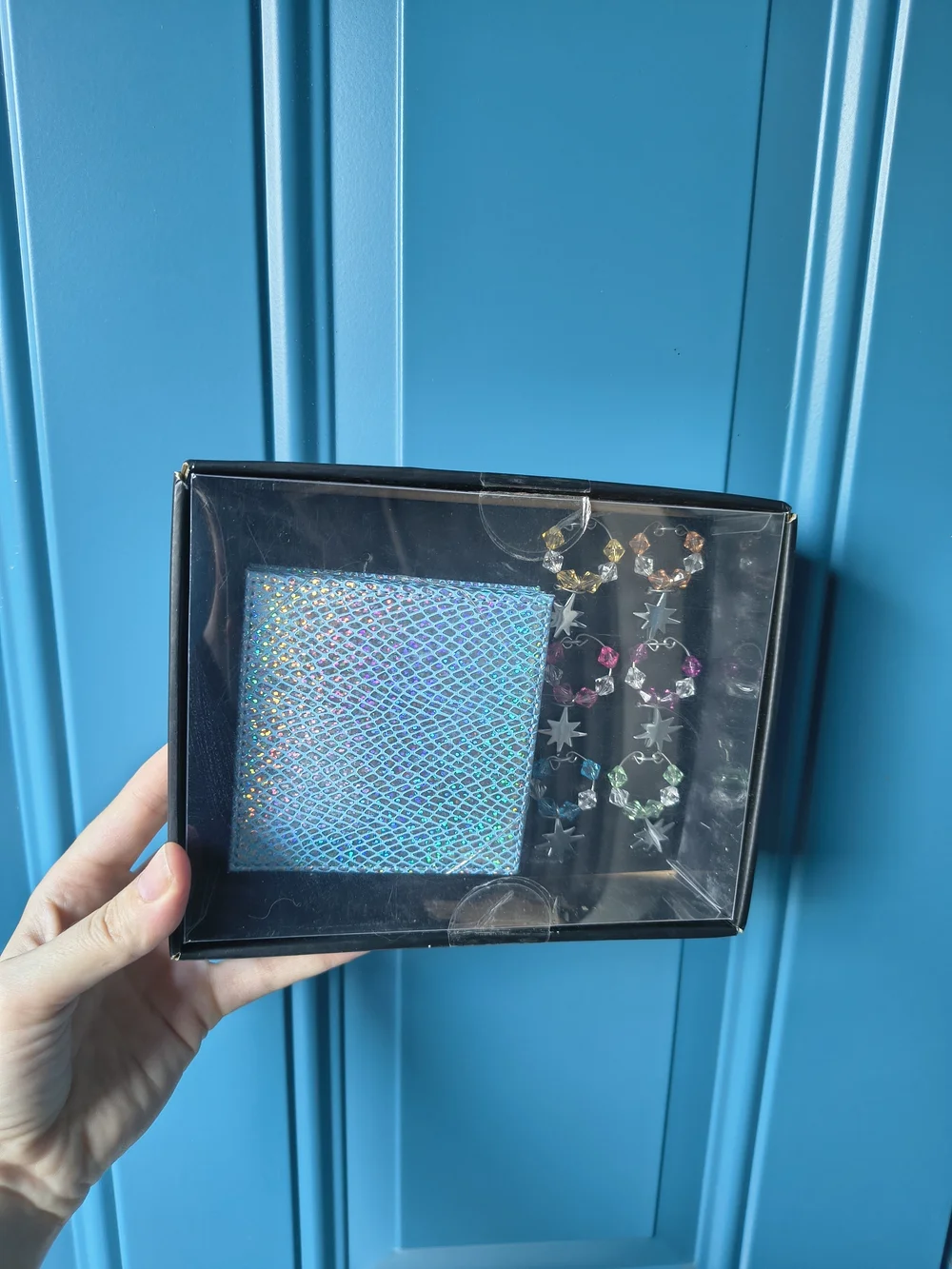 bebe Iridescent Blue Card Case with Multicolor Crystal Hoop Earrings